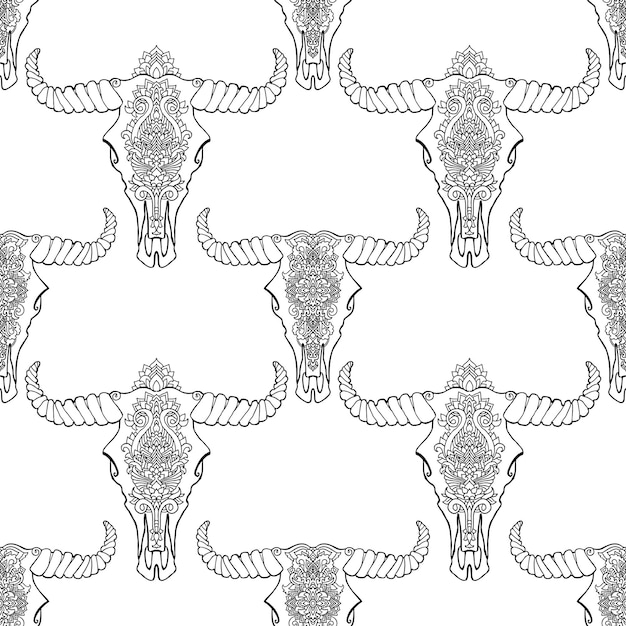 Mandala style dead cow heads seamless pattern. decorative ornament buffalo skull. native indian art. ethnic sketch design. tribal boho style vector illustration.