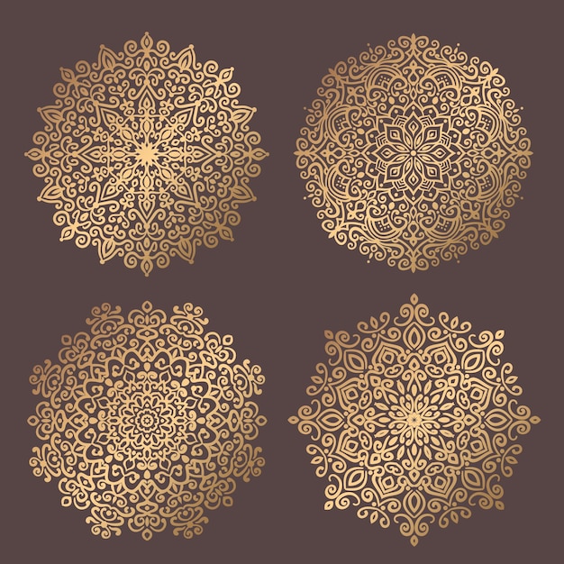 Mandala Vector Design Element Golden round ornaments Decorative flower pattern Stylized floral chakra symbol for meditation yoga logo Complex flourish weave medallion Tattoo prints collection