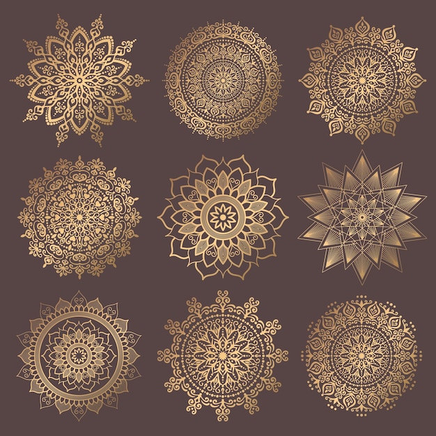 Mandala Vector Design Element Golden round ornaments Decorative flower pattern Stylized floral chakra symbol for meditation yoga logo Complex flourish weave medallion Tattoo prints collection