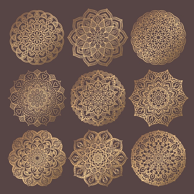 Mandala Vector Design Element Golden round ornaments Decorative flower pattern Stylized floral chakra symbol for meditation yoga logo Complex flourish weave medallion Tattoo prints collection