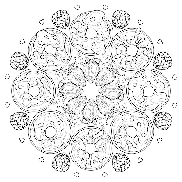 Vector mandala with donuts and berriescoloring book antistress for children and adults