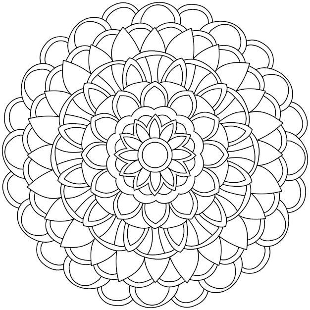 Mandala with many rounded and triangular petals meditative coloring page from simple elements