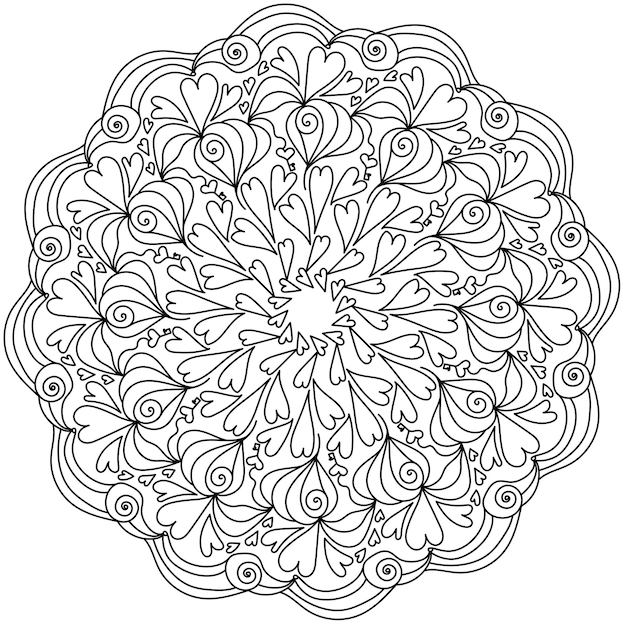 Mandala with ornate hearts and keys zen coloring page for Valentine's day