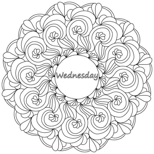 Mandala with Wednesday lettering in the center meditative coloring page with floral motifs and swirls