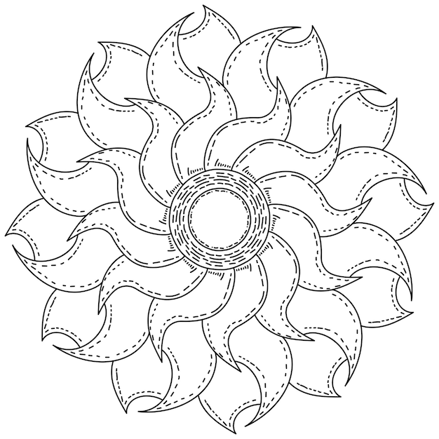 Mandala zon met schaduwrijke stralen in drie lagen kleurplaat met sierlijke bloemblaadjes