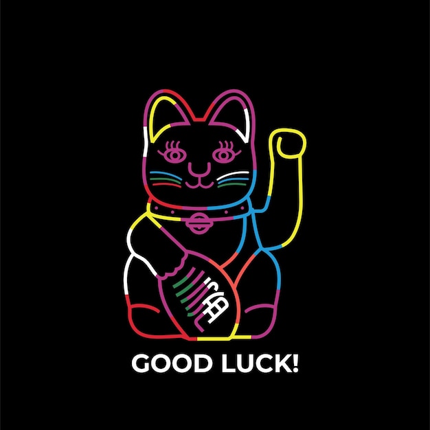 Maneki neko cat wishing good luck with raised paw vector line illustration