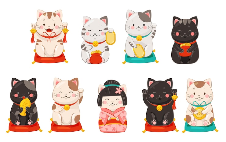 Vector 손바닥을 들어 올린 마네키네코 고양이 세라 일본 동상 행운 터 세트