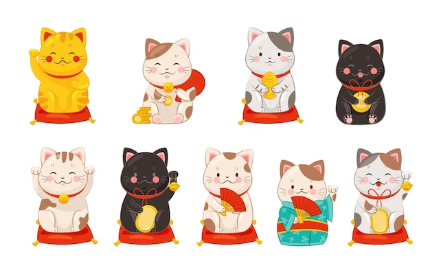 manekineko cat with raised paw as ceramic japanese figurine bringing good luck vector set