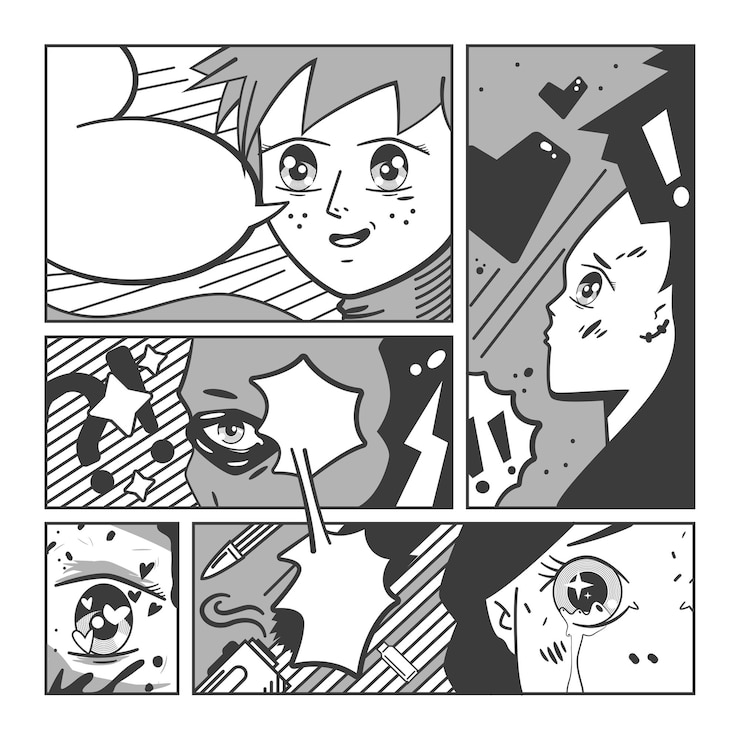 Vector manga, anime comics page with people and speech bubble