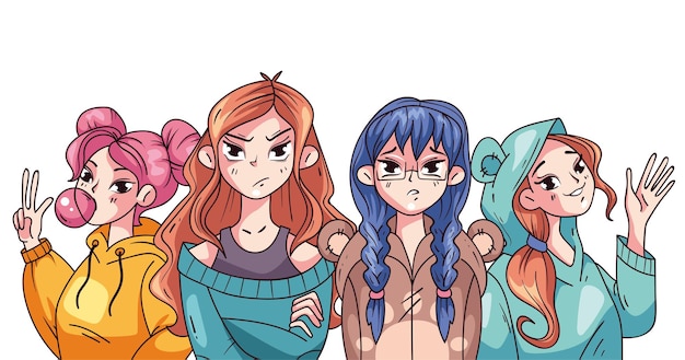 Manga anime vrouwelijke schattige personages vrienden groep concept grafisch ontwerp illustratie