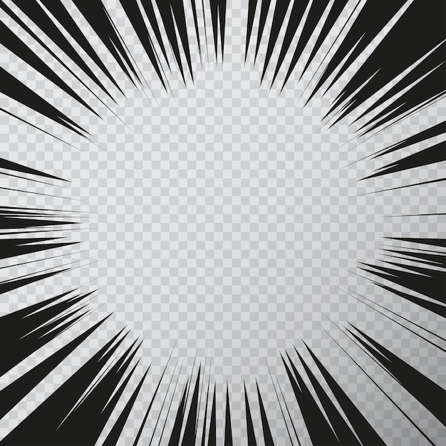 Manga effect action frame in comics book style. Black and white vector illustration of motion radial lines isolated on a transparent background