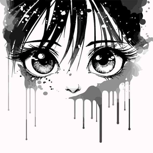 Manga eyes looking with paint dripping from her face drawing of black and white anime girl peeps out