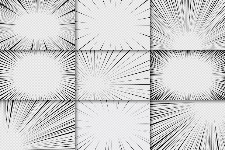 Vector manga frames with speed flash lines comic anime radial effect set of splash blast zooms