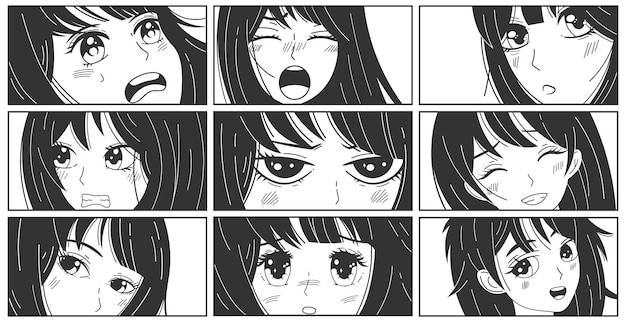 Premium Vector | Manga kawaii expressions asian anime girls characters.  anime cute woman comic posters, vector illustration set. japanese cartoon  manga comic book