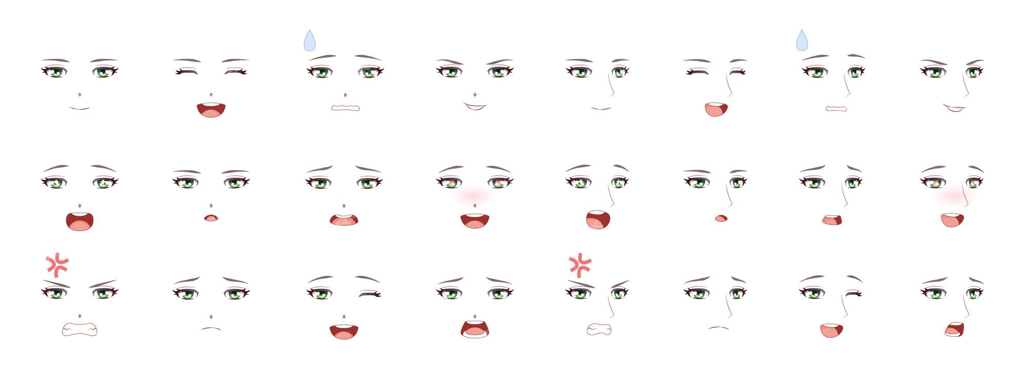 Set Vector Cartoon Anime Style Expressions Inglês Kawaii Caras