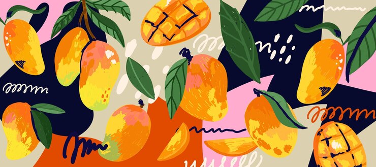 Vector mango abstract background exotic tropical fresh fruit whole half and slice with green leaves healthy dessert organic juice botanical vector cartoon minimalistic isolated hand drawn illustration