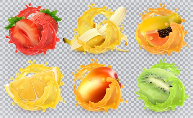 Mango, banana, kiwi fruit, strawberry, lemon, papaya juice. fresh fruits and splashes, 3d realistic vector illustration set