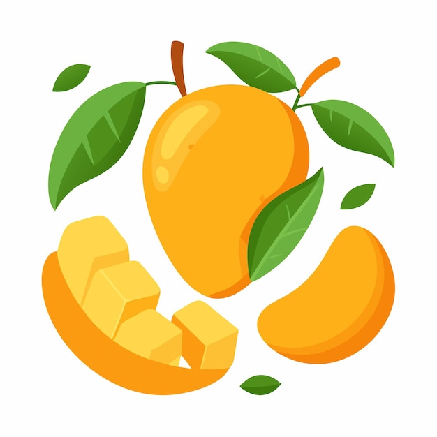 mango composition with leaves set of sweet whole slice cube tropical fruit summer vitamin vector 3