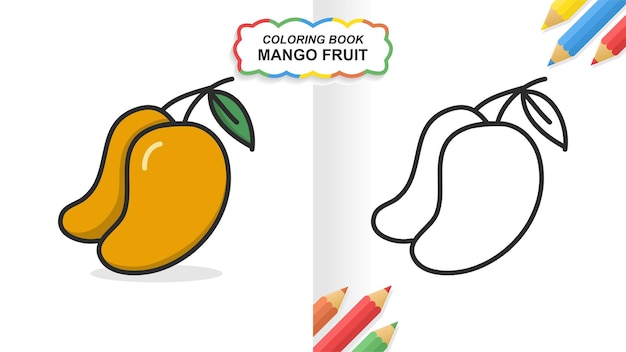 学習のためのマンゴーフルーツ手描きの塗り絵。印刷可能なフラットカラー