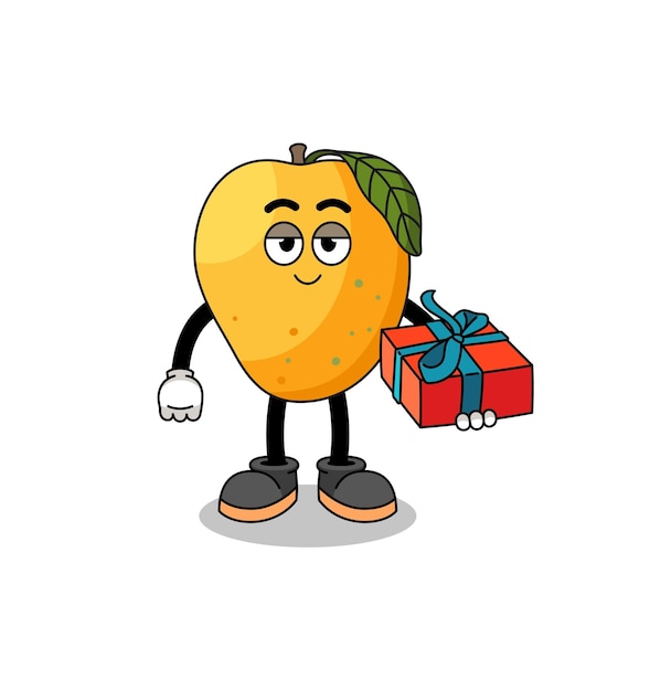 Illustrazione della mascotte della frutta del mango che dà un design del personaggio del regalo