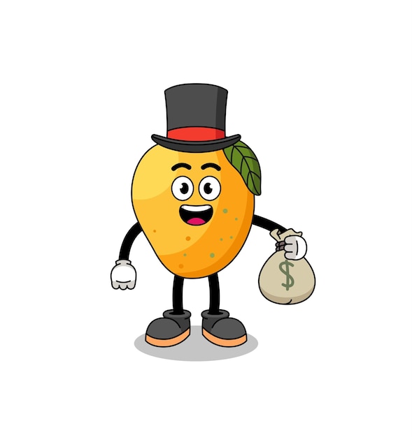 Vector mango fruit mascotte illustratie rijke man met een geldzak karakterontwerp