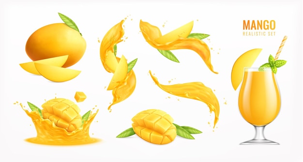 Mango fruit realistic set with fresh juice isolated illustration