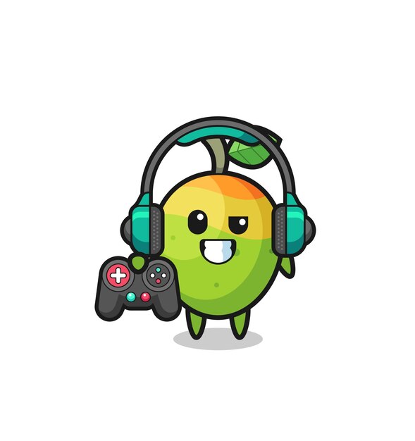 Mascotte del giocatore di mango che tiene un controller di gioco