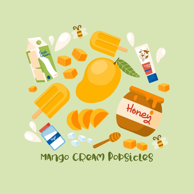 Vector mango honey icecream popsicles ingredients illustration vector objects