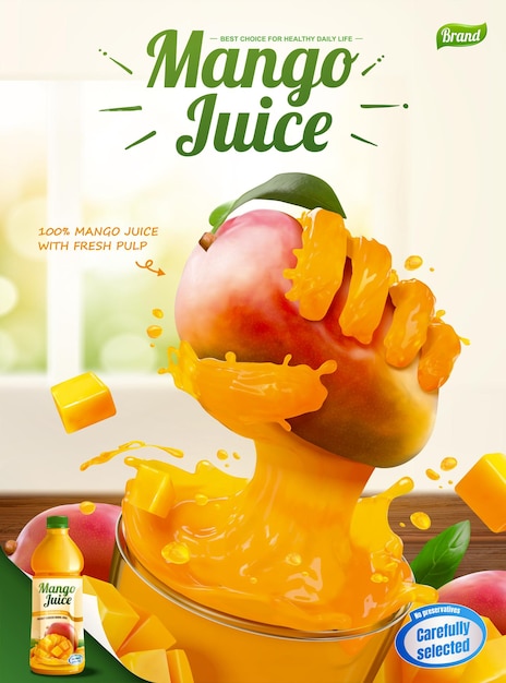 Реклама сока манго с жидкой рукой, схватившей фрукты из стеклянной чашки в 3d иллюстрации