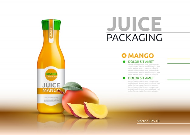 Mango juice packaging realistic vector mock up.