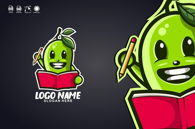 mango lees boek schattig mascotte karakter logo ontwerp