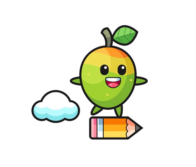 Mango mascot illustration riding on a giant pencil