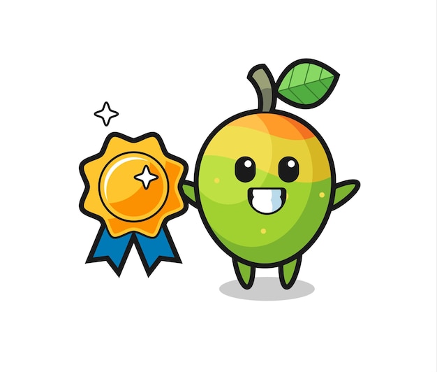 Mango mascotte illustratie met een gouden badge, schattig stijlontwerp voor t-shirt, sticker, logo-element