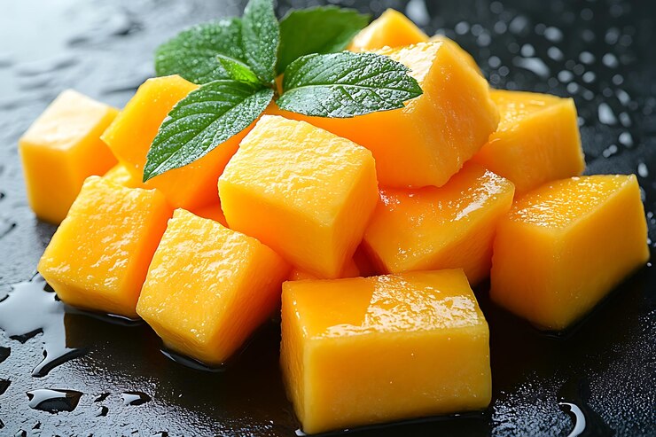 Vector mango peeled and cut isolated on white background vector cartoon illustration of tropical juicy