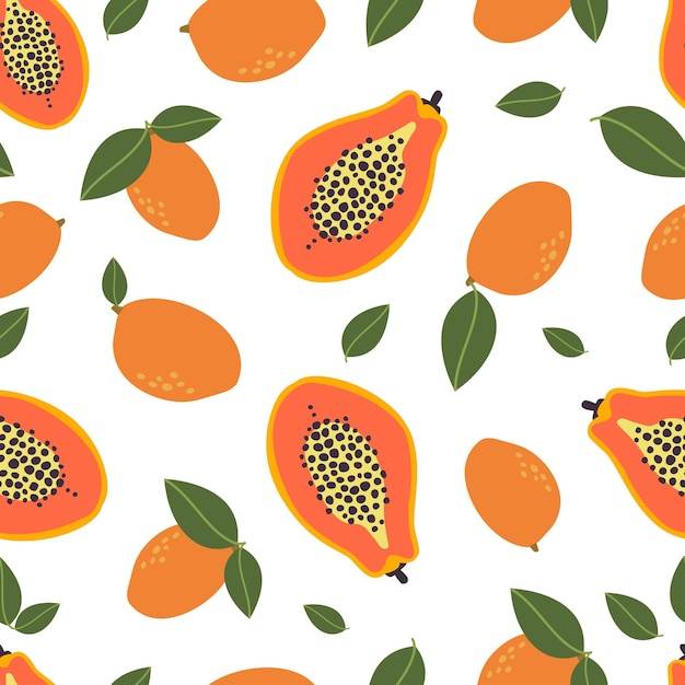 Mango seamless pattern Exotic fruits fresh papaya cut green leaves and mango Tropical summer vacation vector print color organic food of fresh papaya seamless pattern illustration