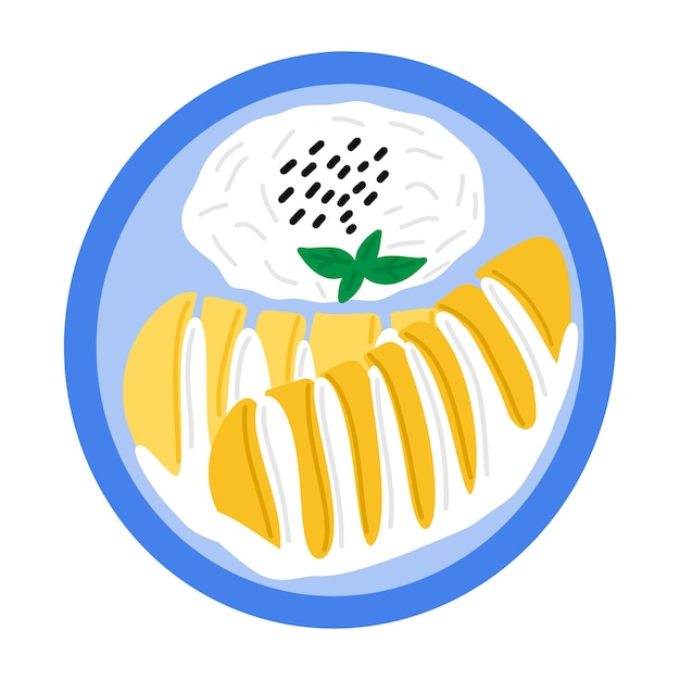 Vettore riso appiccicoso al mango dessert asiatico tradizionale con riso al mango latte di cocco semplice doodle disegnato a mano