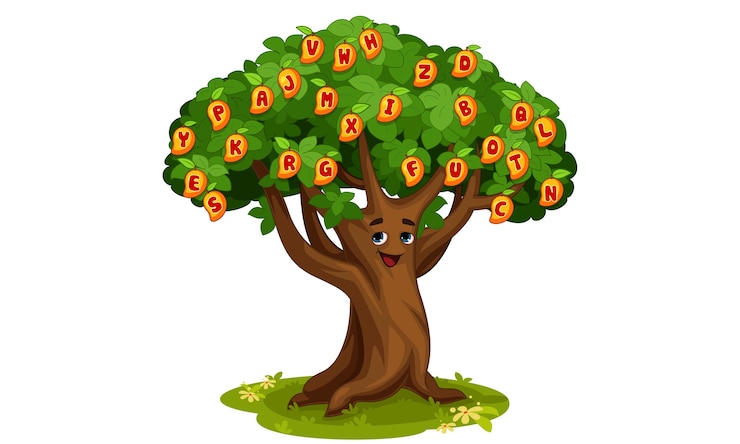 Vector mango tree of alphabets cartoon illustration