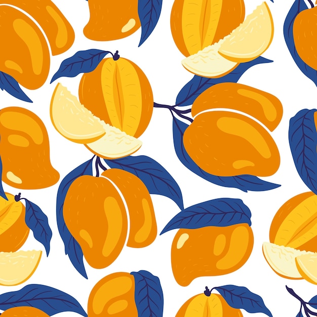 Mango tropical fruit seamless pattern in handdrawn style vegetarian food vector background