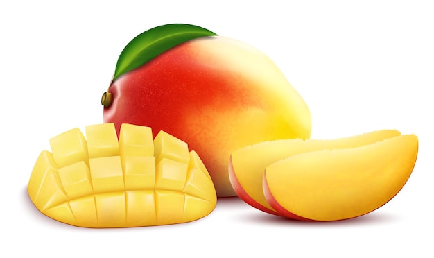 Mango intero e cubetti di mango a fette isolati su sfondo bianco. frutti dolci. icone di vettore 3d impostate. illustrazione vettoriale realistica, griglia modificabile fatta a mano