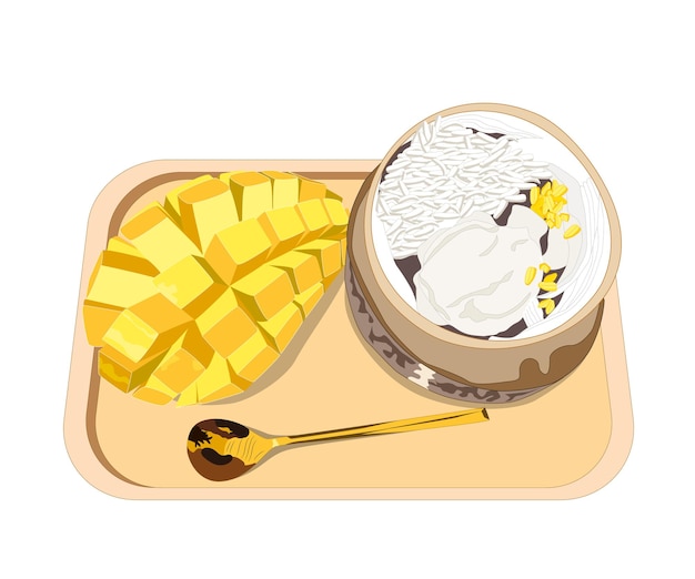 Vettore mango con riso appiccicoso e gelato al cocco