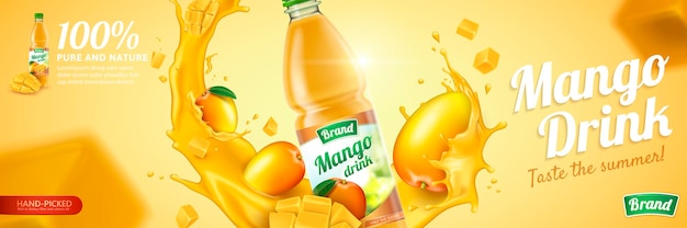 Mangosap in plastic fles met vers fruit en wervelende vloeistof