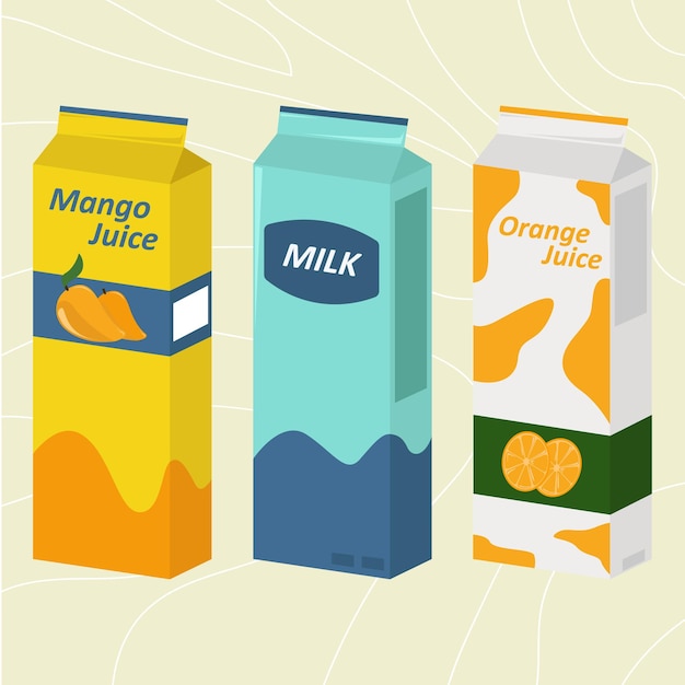 Mangosap, melk en sinaasappelsap vectorillustratie