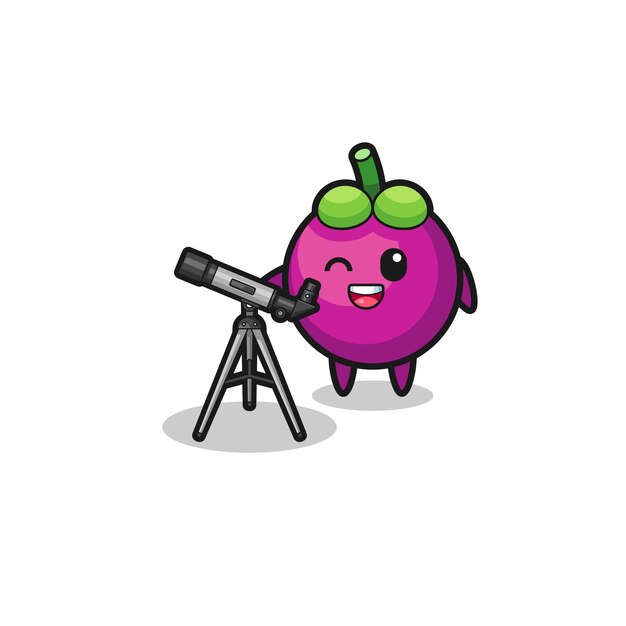 Mangosteen astronomer mascot with a modern telescope