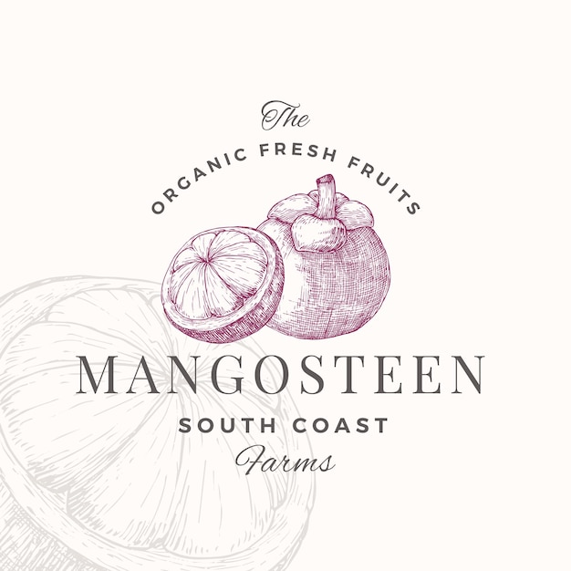 Mangosteen badge logo template frutta disegnata a mano sketch vegano a base di piante emblema alimentare isolato