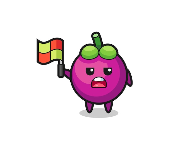 Mangosteen character as line judge putting the flag up , cute style design for t shirt, sticker, logo element