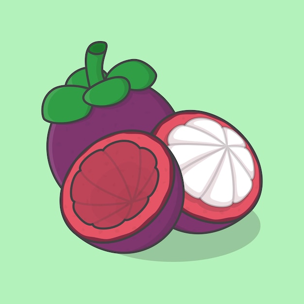 Mangosteen fruit cartoon vector illustratie plak en hele mangosteen platte pictogram overzicht