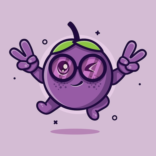 Vector mangosteen fruit character mascot with peace sign hand gesture isolated cartoon in flat style design