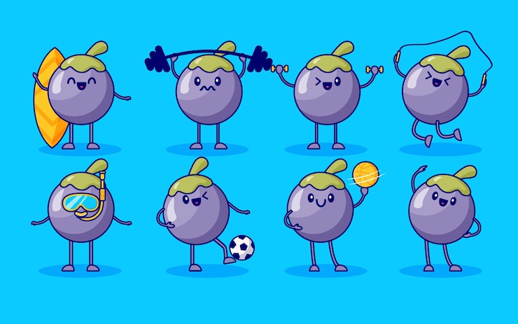 Vector mangosteen fruit cute character set