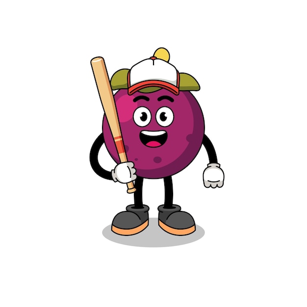 Mangosteen mascotte cartoon als karakterontwerp van een honkbalspeler