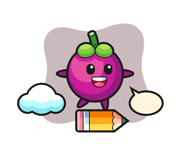 Mangosteen-mascotteillustratie rijdend op een gigantisch potlood